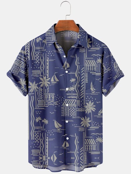 Short Sleeve Shirt Collar Shirts & Tops, Blue, Men's Floral shirt