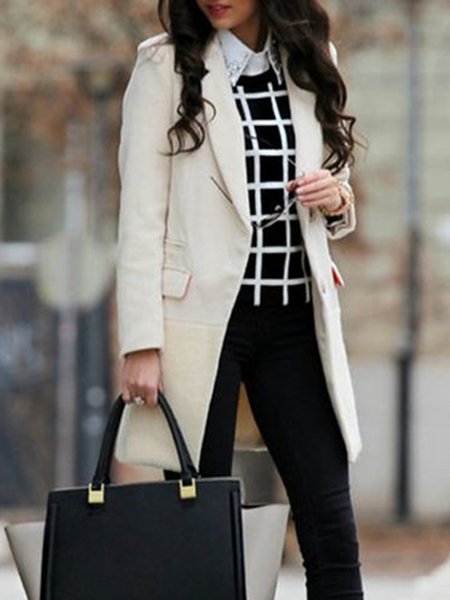 Long Sleeve Daily Solid Lapel Regular Fit Outerwear, White, Coats