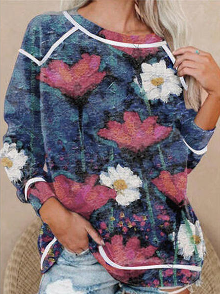 Floral Crew Neck Sweatshirt, Blue, Sweatshirts & Hoodies