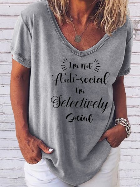 Funny text printed V-neck short-sleeved T-shirt, Gray, T-shirts