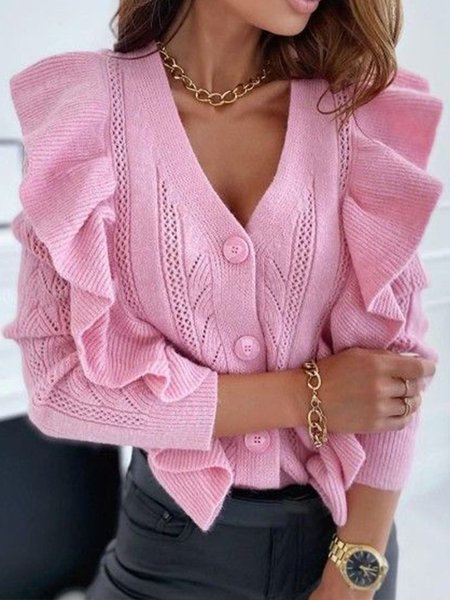 Sweet Simple Elegant Regular Fit V Neck Outerwear, Pink, Cardigans