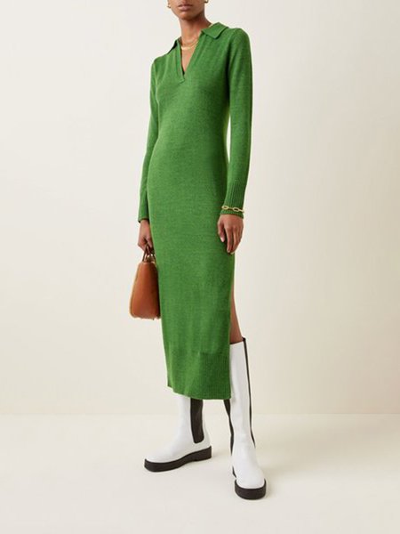 Vacation Lapel Dresses, Green, Midi Dresses