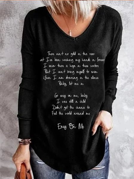 V Neck Loosen Casual Shirts & Tops, Black, Tops