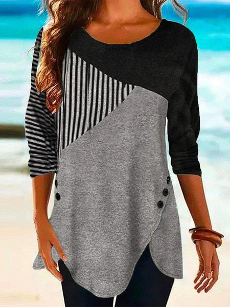 

Women Color Block Stripe Asymmetrical Button Hem Long Sleeve Tunic Top, Black-grey, Tunics