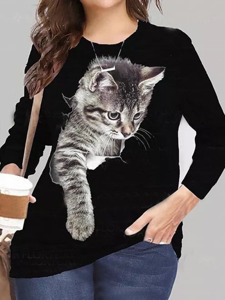 Loosen Cute Cat Crew Neck Long Sleeve Tops, Black-white, Long sleeve tops