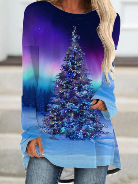 Christmas print round neck long sleeve mini dress, As picture, Long sleeves