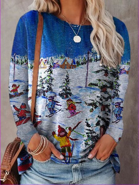 Printed Long Sleeve Crew Neck Casual Shirts & Tops, Multicolor, Tops