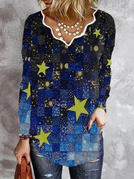Stars Printed Vintage Casual V Neck Shirts & Tops, Blue, Tops