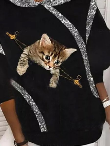 Cute Cat Hooded Sweatshirt & Hoodies, Black, Sweatshirts & Hoodies