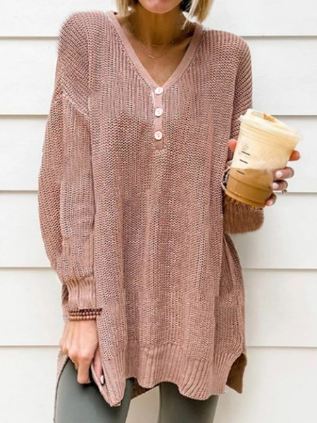 Casual Solid Color V Neck Long Sleeves Sweater, Nudepink, Sweaters & Cardigans