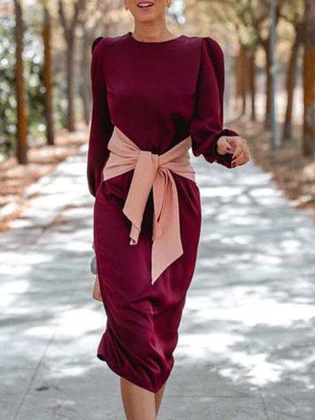 Party Evening Color Block Elegant Crew Neck Dress, As picture, Midi Dresses