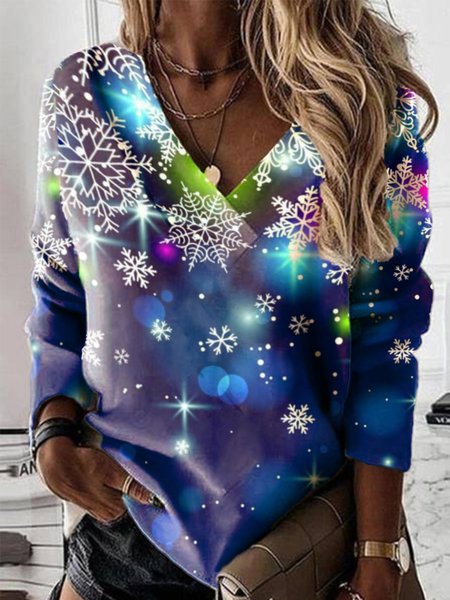 Casual Long Sleeve V Neck Printed Top, Blue, Tops