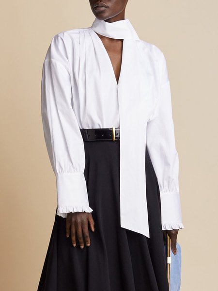 Tie Neck Regular Fit Elegant Off Shoulder Shirt, White, Blouses and Shirts