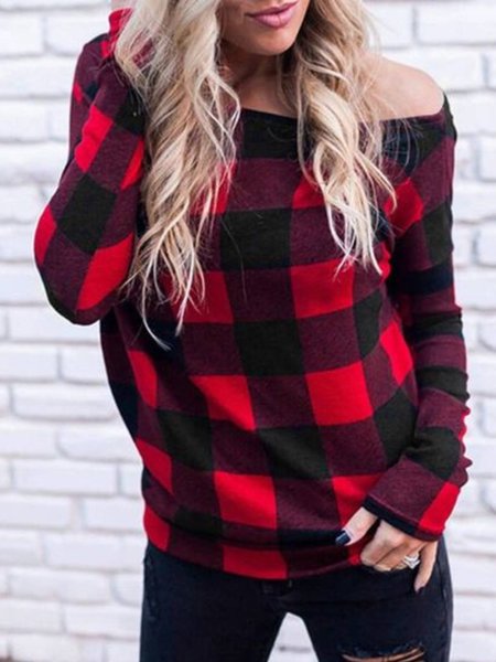 Casual Long Sleeve Crew Neck Top, Red, Tops