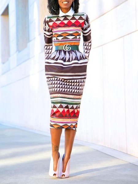 Geometric Shirt Collar Casual Midi Dress, As picture, Midi Dresses