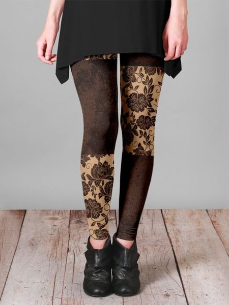 Casual Plus Size Printed Pants, Brown, Leggings