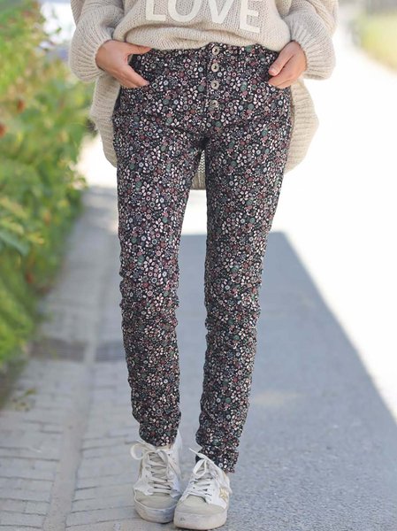 Casual Black Flower Print Comfort Pocket Trousers, Pants