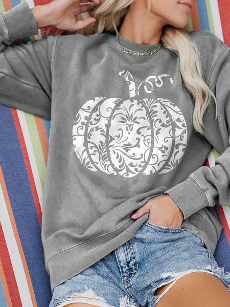 Pumpkin Casual Crew Neck Cotton Blends Sweatshirts, Gray, Hoodies&Sweatshirts