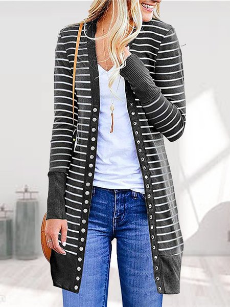 Casual Striped V Neck Outerwear, Deep gray, Outerwear