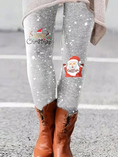 Skinny Christmas Snowman Cute Pants, Light gray, Leggings