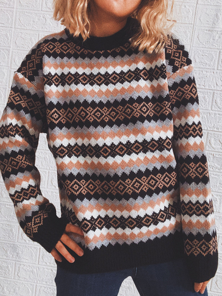 Tribal Crew Neck Casual Sweater, Black, Sweaters & Cardigans