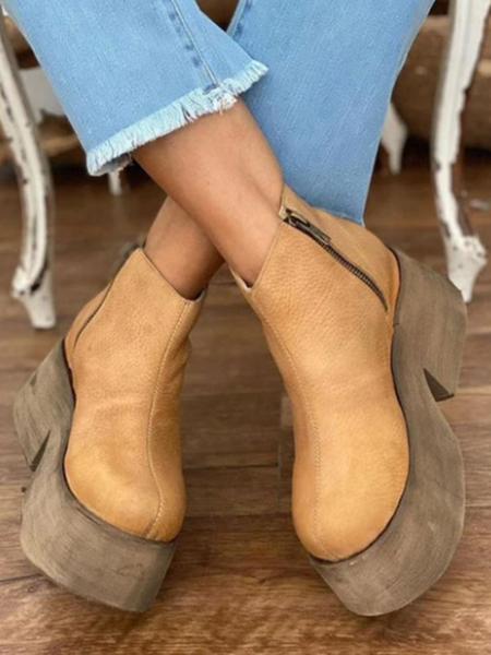 Casual Plain Zipper Ankle Boots, Khaki, Boots