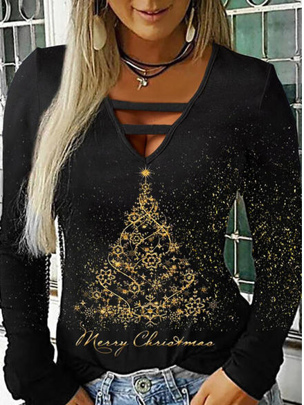 Christmas V Neck Casual Shirts & Tops, Black, Tees & T-shirts