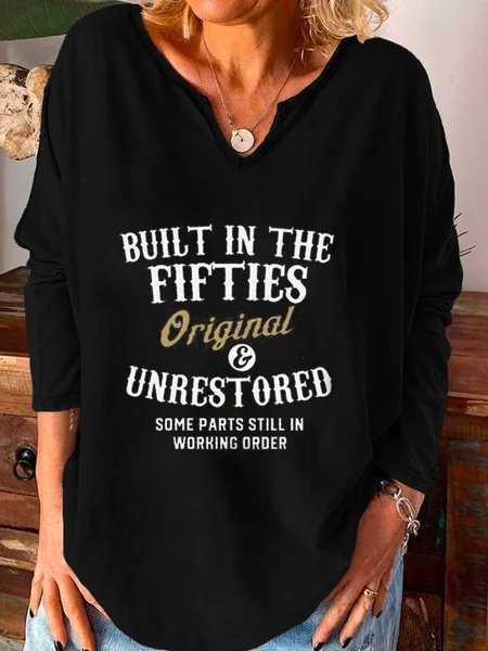 Long Sleeve Casual Letter V Neck Shirts & Tops, Black, T-Shirts