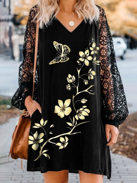 Floral V Neck Shirt Sleeve Vacation Dresses, Black, Mini Dresses