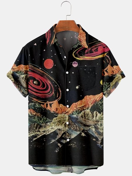 Shirt Collar Short Sleeve Abstract Shirts, Black, Men's Floral shirt