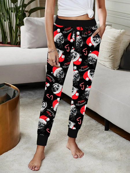 Christmas cat animal Pants, Black, Pants