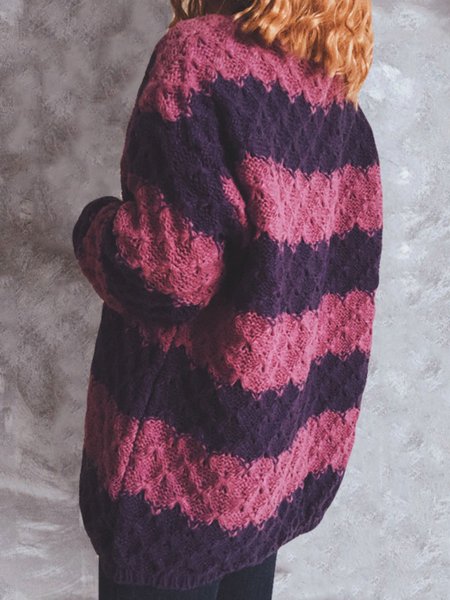Loosen Crew Neck Casual Sweater, Rose red, Pullovers