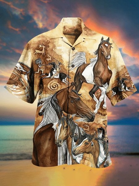 Short Sleeve Shirt Collar Casual Shirts & Tops, As picture, Men's Floral shirt