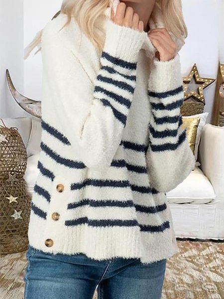 Casual Striped Long Sleeve High Neck Warm Sweater, White, Sweaters & Cardigans