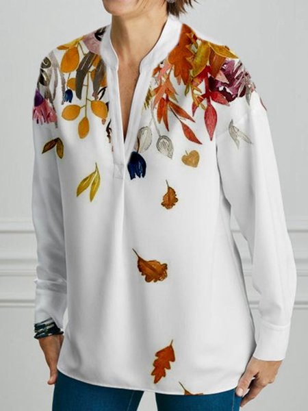 Daily Casual Leaves Print Stand Collar V-neck Shirts & Tops, White, Long sleeve tops
Daily Casual Leaves Print Stand Collar V-neck Shirts & Tops, White, Long sleeve tops
