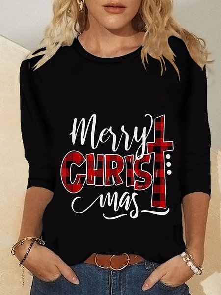 Christmas Xmas Long Sleeve Round Neck Plus Size Printed Tops T-shirts, Black, T-Shirts