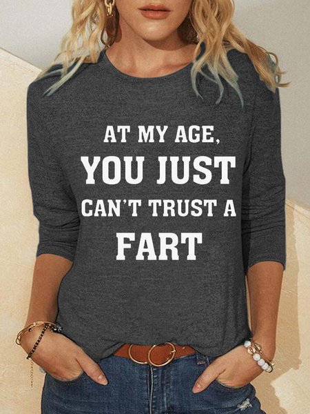 Funny letter print round neck long sleeve T-shirt, Gray, Hoodies&Sweatshirts