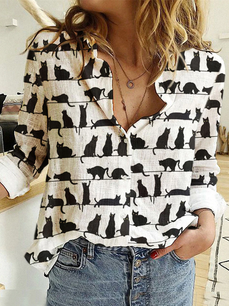 Cat Animal Shirt Collar Cotton Blends Casual Shirts & Tops, White, Blouses & Shirts