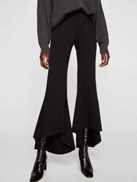 Winter Plain Mid-weight Work Formal Non-Stretch Pants, Black, Flared Pants