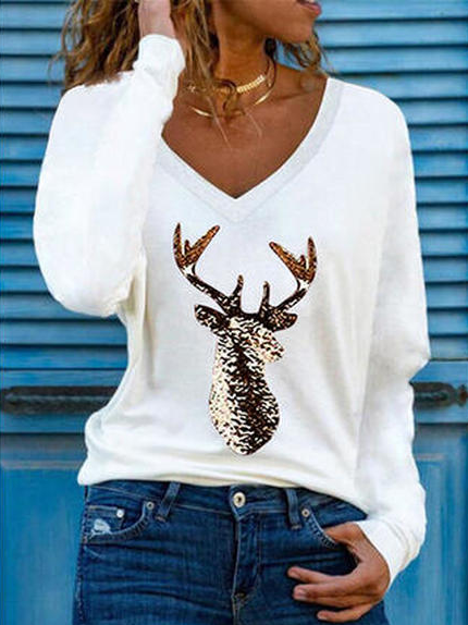 Christmas V Neck Casual Animal Shirts & Tops, White, Tees & T-shirts
