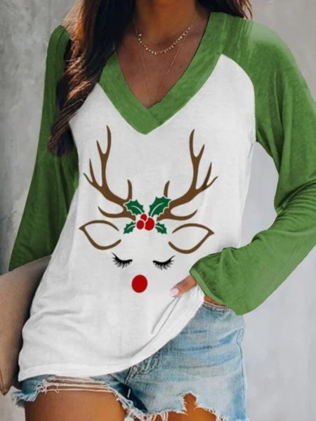 Christmas Xmas Long Sleeve V Neck Plus Size Printed Tops T-shirts, Green, T-Shirts
