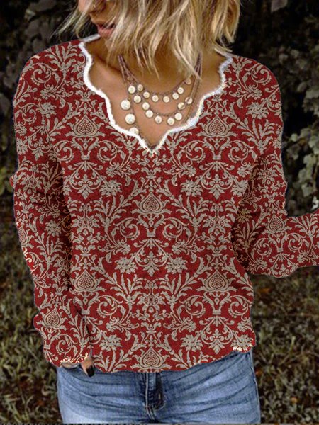 Casual Vintage Tribal Printed V Neck Shirts & Tops, Red, Tops