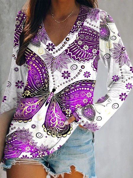 Vintage Butterfly Pattern Long Sleeve V Neck Plus Size Casual Tops, Purple, T-Shirts
Vintage Butterfly Pattern Long Sleeve V Neck Plus Size Casual Tops, Purple, T-Shirts