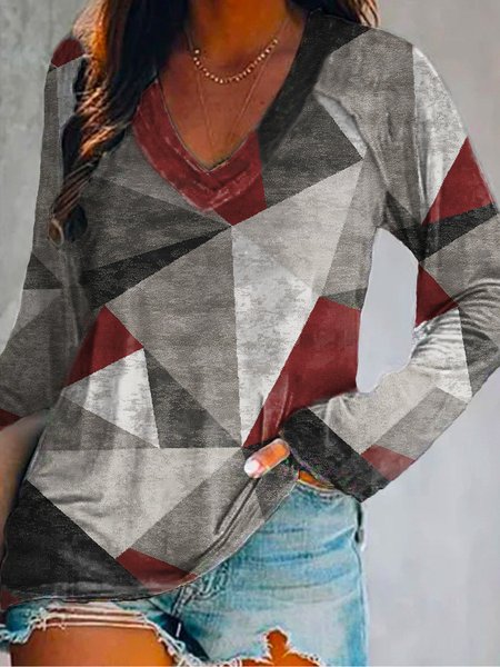Regular Fit Geometric V Neck Shirts & Tops, Multicolor, T-Shirts