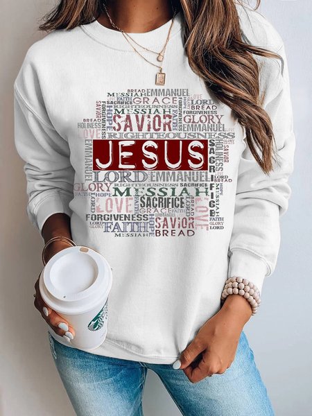 Casual Loosen Round Neck Sweatshirt, White, Sweatshirts & Hoodies