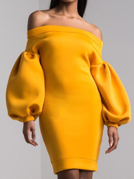 Elegant Statement Boat Neck Plain Regular Fit Dress, Yellow, Mini Dresses