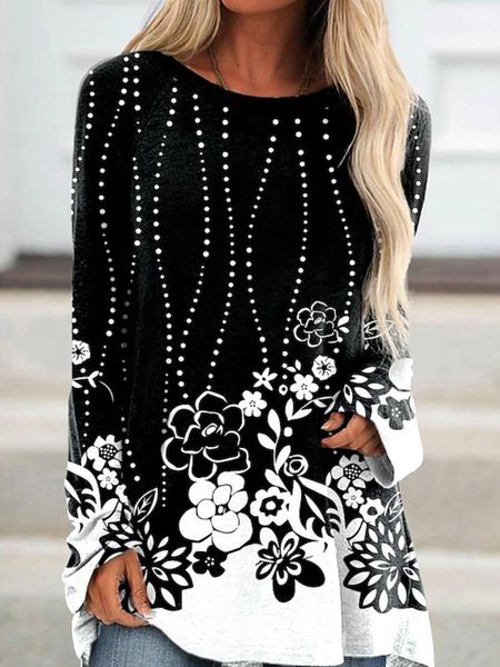Casual Long Sleeve Crew Neck Printed Top, Black, T-Shirts