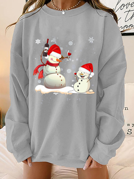 Crew Neck Christmas Snowman Loosen Sweatshirt, Gray, Hoodies & Sweatshirts