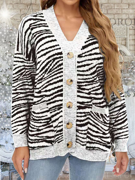 Long sleeve V-neck zebra print medium length wool coat, Black-white, Cardigans
Long sleeve V-neck zebra print medium length wool coat, Black-white, Cardigans