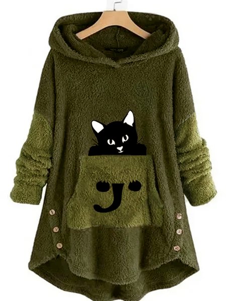 Hooded Casual Cat Sweatshirt, Green, Sweatshirts & Hoodies